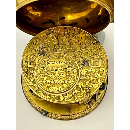 5228 - COLSTON OF LONDON: A late 17th Century pocket watch, the gilt metal double-hinged studded leather ca... 