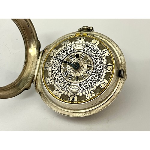 5266 - PETER GARON OF LONDON: A 17th Century English silver cased pocket watch, double-hinged case, plain o... 