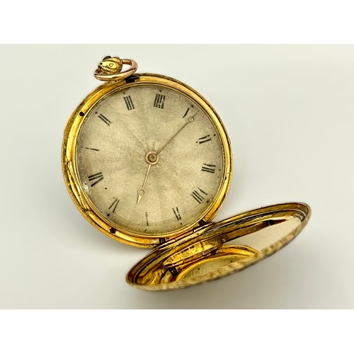 5085 - KINABLE PALAIS ROYAL: A 19th Century 18ct gold full hunter pocket watch, enamelled case with design ... 