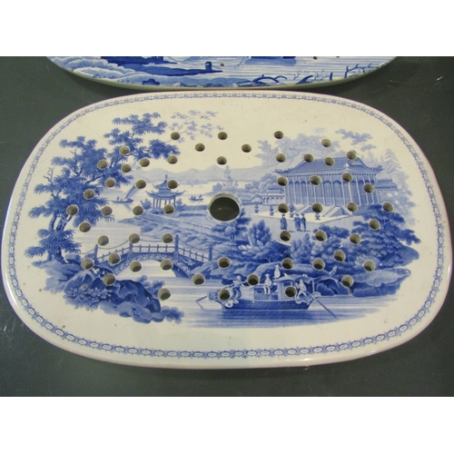 1215 - Two blue and white porcelain meat draining trays, one bearing Chinese Marine Series mark