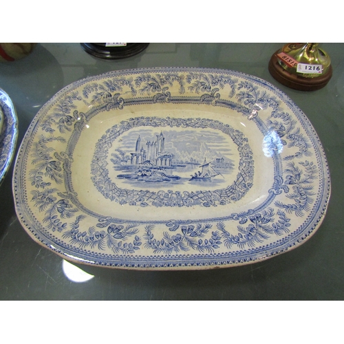 1218 - Three blue and white meat serving trays to include N.R. Midwinter 