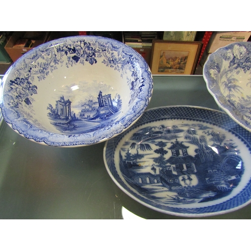 1221 - Two blue and white bowls to include Mason's Ironstone (large hairlines) with another (a/f) (3)