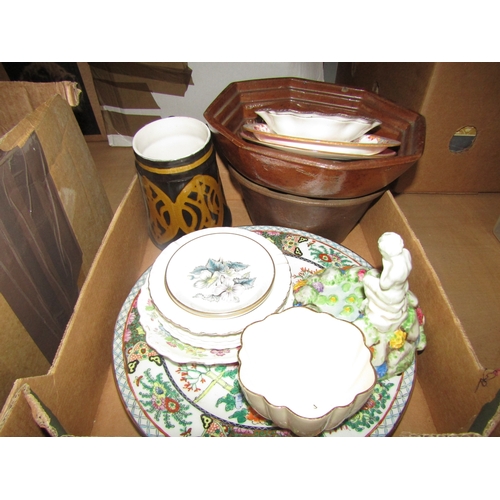 1250 - Two boxes of mixed ceramics including stoneware jelly moulds, German jug, Coalport dishes, etc