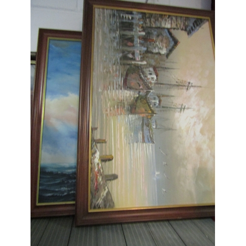 1282 - AMBROSE (XX): An acrylic on canvas of galleons in battle, 59.5cm x 90cm, framed. Two others by anoth... 