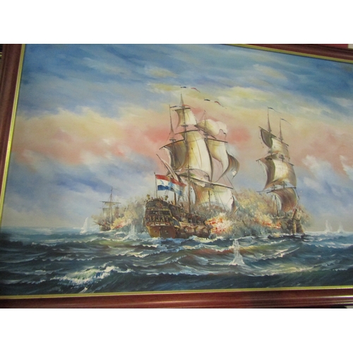 1282 - AMBROSE (XX): An acrylic on canvas of galleons in battle, 59.5cm x 90cm, framed. Two others by anoth... 