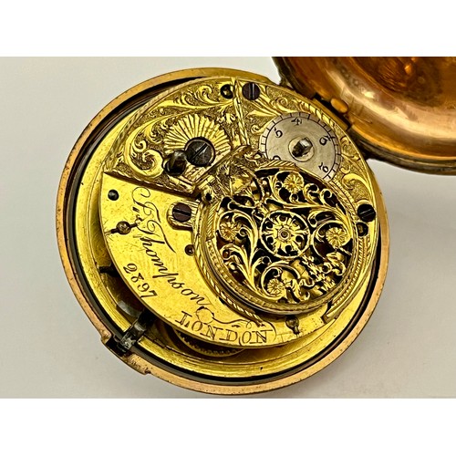 5235 - F. THOMPSON OF LONDON: An 18th Century gilt metal and tortoiseshell pair cased pocket watch, pictori... 