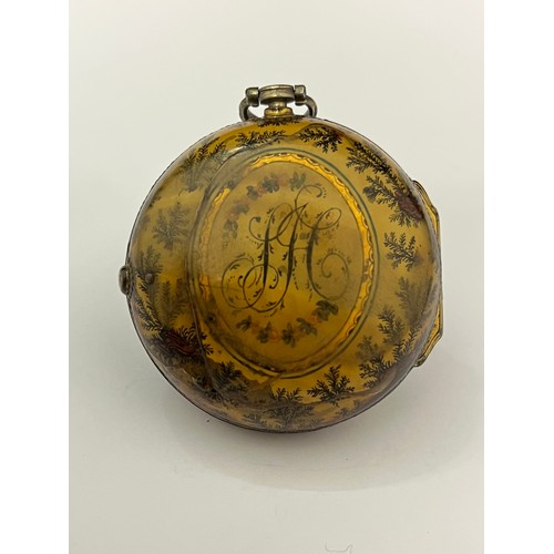 5224 - An 18th Century gilt metal and tortoiseshell pair cased pocket watch, the rear of outer case with mo... 