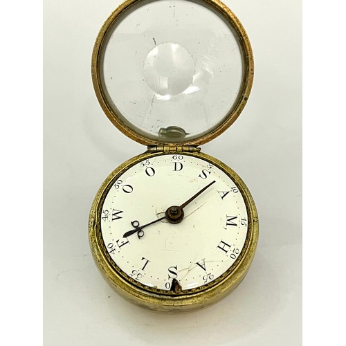 5224 - An 18th Century gilt metal and tortoiseshell pair cased pocket watch, the rear of outer case with mo... 