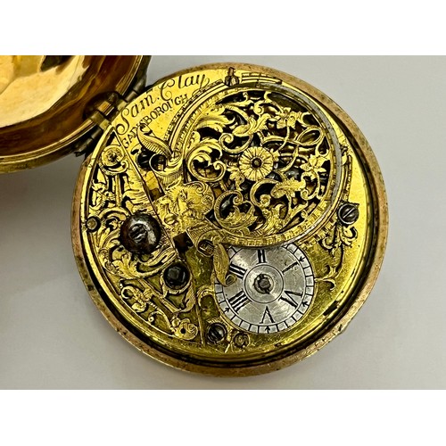 5224 - An 18th Century gilt metal and tortoiseshell pair cased pocket watch, the rear of outer case with mo... 