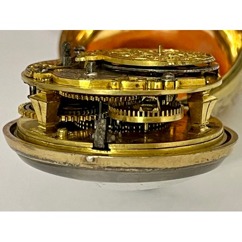 5224 - An 18th Century gilt metal and tortoiseshell pair cased pocket watch, the rear of outer case with mo... 