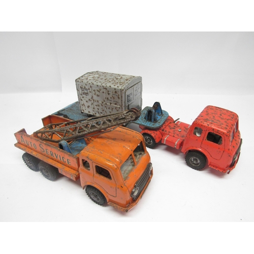 9183 - Two playworn Joustra tinplate clockwork commercial vehicles to include six wheeled 'Auto Service' cr... 