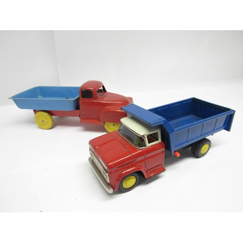 9177 - A playworn Yoshiya (Japan) friction drive tinplate Chevrolet dump truck, 27cm long, together with a ... 