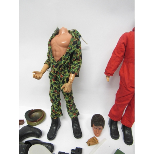 9218 - Two vintage playworn Palitoy/Hasbro Action Man figures with brown flock hair and Eagle Eyes, with a ... 