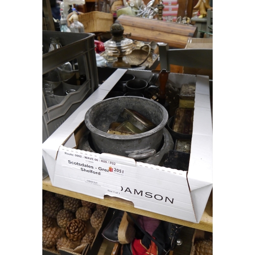 2051 - A box of metalwares including treat tins and tobacco tins and crate of glass bottles