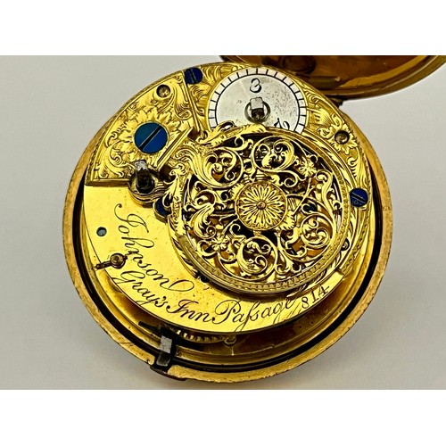 5220 - JOHNSON OF GRAYS INN PASSAGE: An 18th Century gilt metal and shagreen pair cased pocket watch, ename... 