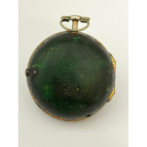 5221 - G. LINDSAY OF LONDON: An 18th Century white metal and shagreen pair cased repeating pocket watch, en... 