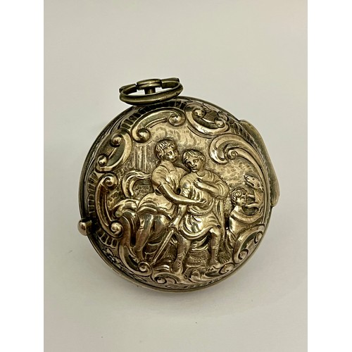 5215 - JOSEPH LUM OF LONDON: An 18th Century silver repousse pair cased pocket watch, the outer case with c... 