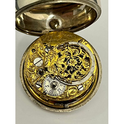 5215 - JOSEPH LUM OF LONDON: An 18th Century silver repousse pair cased pocket watch, the outer case with c... 