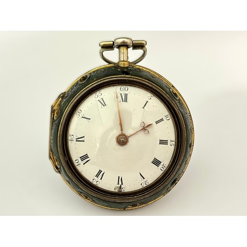 5221 - G. LINDSAY OF LONDON: An 18th Century white metal and shagreen pair cased repeating pocket watch, en... 