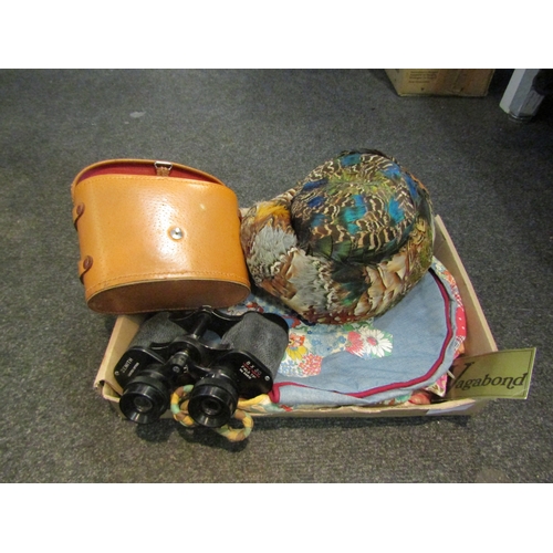 1561 - A box of miscellaneous bags, binoculars, feather 1940's hat