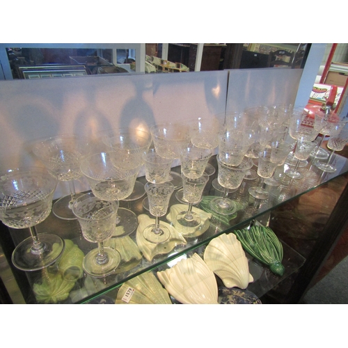 1578 - Etched glass champagne saucers and sherry glasses etc. from the same suite