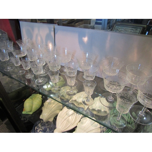 1578 - Etched glass champagne saucers and sherry glasses etc. from the same suite