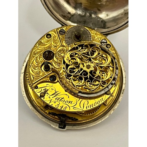 5178 - JOHN WATSON OF LONDON: A late 18th/early 19th Century silver pair cased pocket watch, enamelled Roma... 