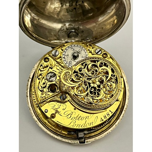 5182 - EDWARD BOLTON OF LONDON: A late 18th/early 19th Century silver pair cased pocket watch, enamelled Ro... 