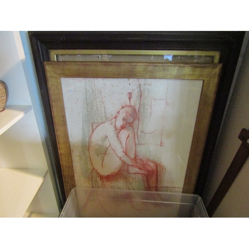 1492 - A selection of pictures and prints, a tapestry panel and pastel of a nude together with two easel st... 