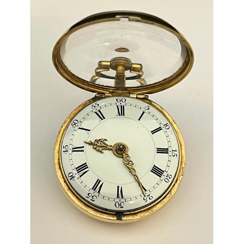 5166 - JAS GIBBS OF STOCKTON: A late 18th/early 19th Century silver gilt pair cased pocket watch, enamelled... 