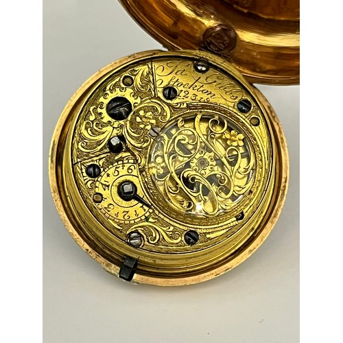 5166 - JAS GIBBS OF STOCKTON: A late 18th/early 19th Century silver gilt pair cased pocket watch, enamelled... 