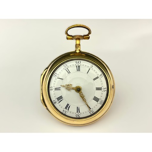 5166 - JAS GIBBS OF STOCKTON: A late 18th/early 19th Century silver gilt pair cased pocket watch, enamelled... 