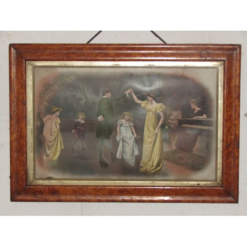 1025 - A pair of maple framed coloured prints of families dancing and playing the piano, 22.5cm x 36.5cm im... 