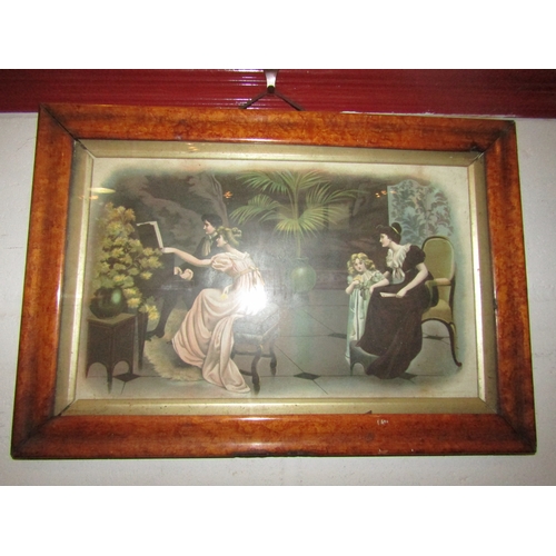 1025 - A pair of maple framed coloured prints of families dancing and playing the piano, 22.5cm x 36.5cm im... 