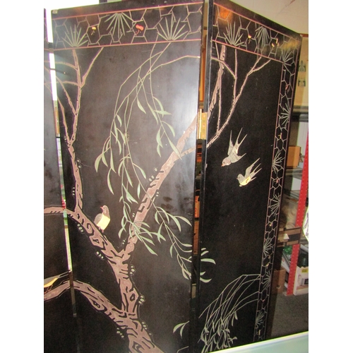 1162 - A lacquered six-fold Oriental screen, apple blossom, birds and flowers. 183cm tall