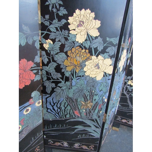 1162 - A lacquered six-fold Oriental screen, apple blossom, birds and flowers. 183cm tall