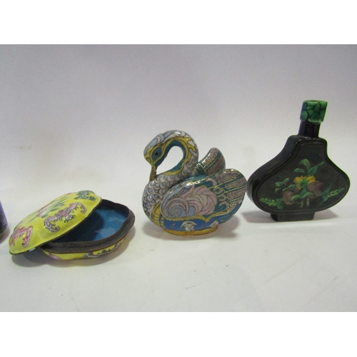 1394 - A group of small Oriental wares including pots, cloisonne swan, enamel pot and vase with character m... 