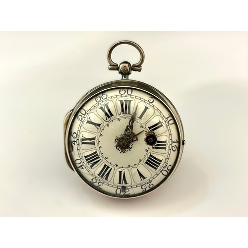 5171 - DELISLE OF PARIS: An early 18th Century silver cased double hinge French pocket watch, enamelled Rom... 