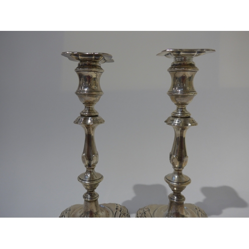 8004 - A pair of Edwardian Fordham & Faulkner silver candlesticks with knop stem to stepped square base wit... 