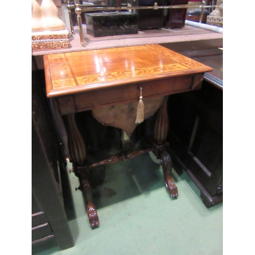 4011 - Circa 1840 an early Victorian rosewood and birdseye maple work table. Hinged top with key, opening t... 