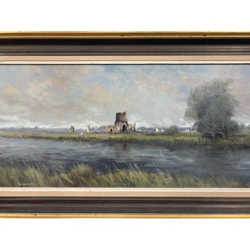 4052 - ALFRED W. SAUNDERS (1908-1986): Oil on canvas board depicting St Benet's Abbey at Holme, Broads scen... 