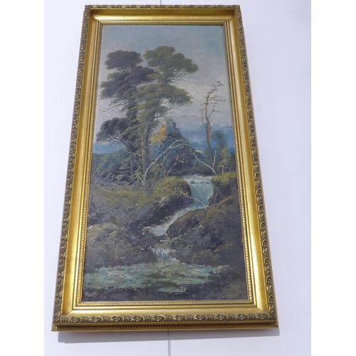 4054 - Two late 19th Century slim rectangular oils on canvas depicting Highland landscape scenes, including... 