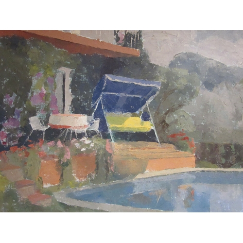 4122 - A late 20th Century oil on board of a pool side scene unsigned, image size 36cm x 45cm