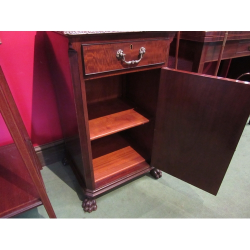 4127 - A mahogany pot cupboard with single drawer over cupboard on paw feet, 84cm tall with back, 44cm wide... 