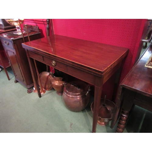 4139 - A George III flame mahogany side/tea table the hinged fold-over top and single frieze drawer on squa... 