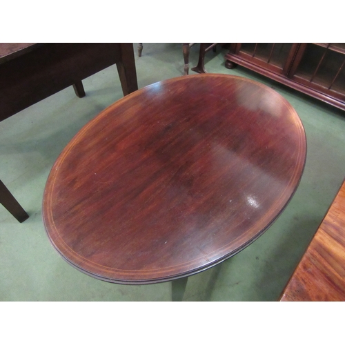 4149 - An Edwardian crossbanded mahogany oval top lamp table with 'X' frame stretcher, 71cm tall, 75cm x 55... 