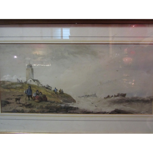 4166 - JOHN FRANCIS SALMON (1808-1886): A framed and glazed watercolour, lighthouse scene with boats on rou... 