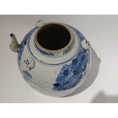 4168 - A blue and white oversized Chinese teapot with figural design depicting person riding a lion, 26cm x... 