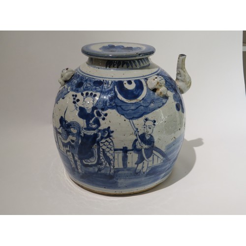 4168 - A blue and white oversized Chinese teapot with figural design depicting person riding a lion, 26cm x... 