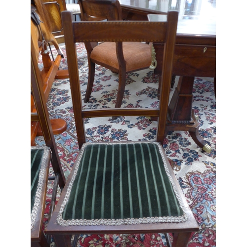 4185 - A pair of Edwardian mahogany bedroom chairs with chequered detail, green velour upholstered seats